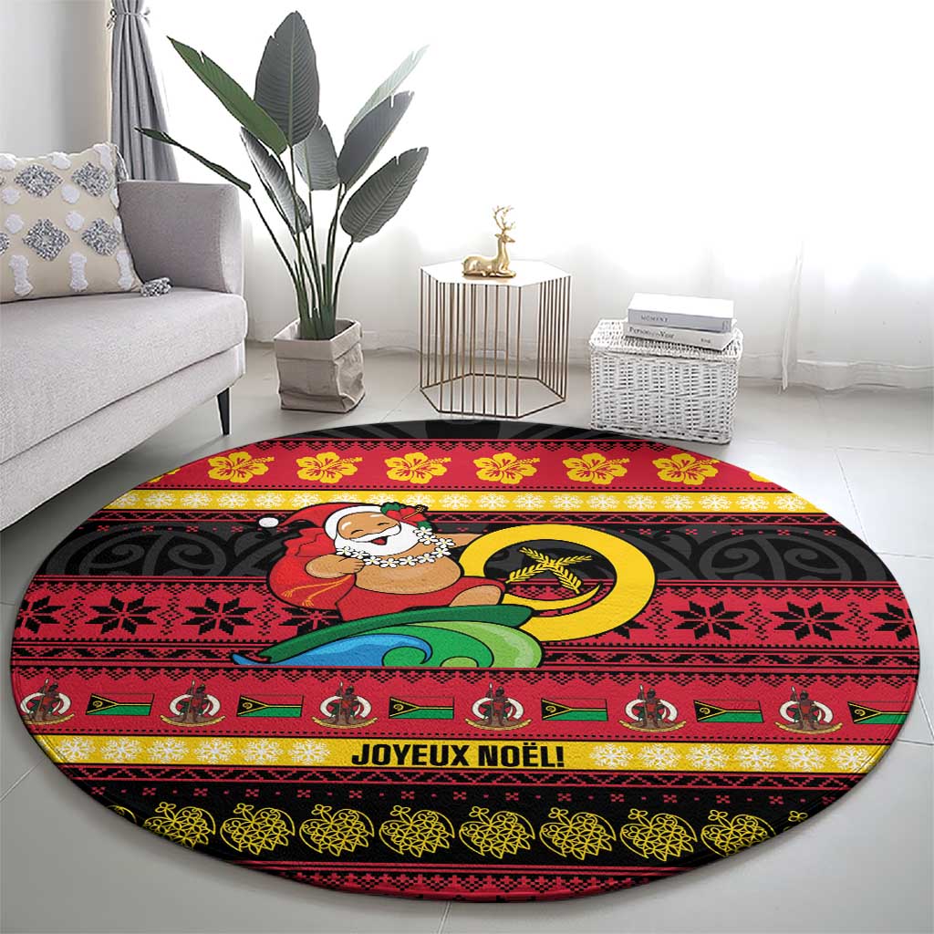 Vanuatu Christmas Round Carpet Joyeux Noel Surfing Santa With Boar Tusk - Polynesian Pride