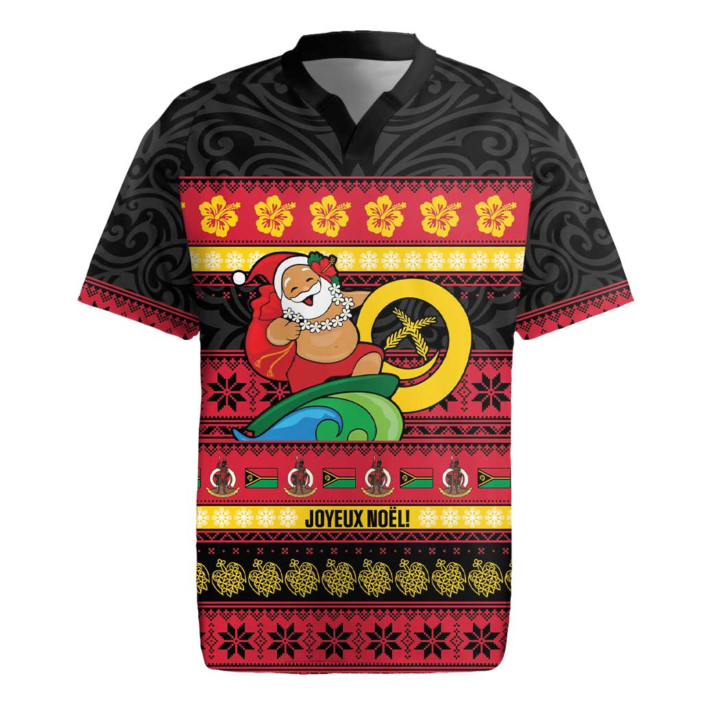 Vanuatu Christmas Rugby Jersey Joyeux Noel Surfing Santa With Boar Tusk LT14 Red - Polynesian Pride