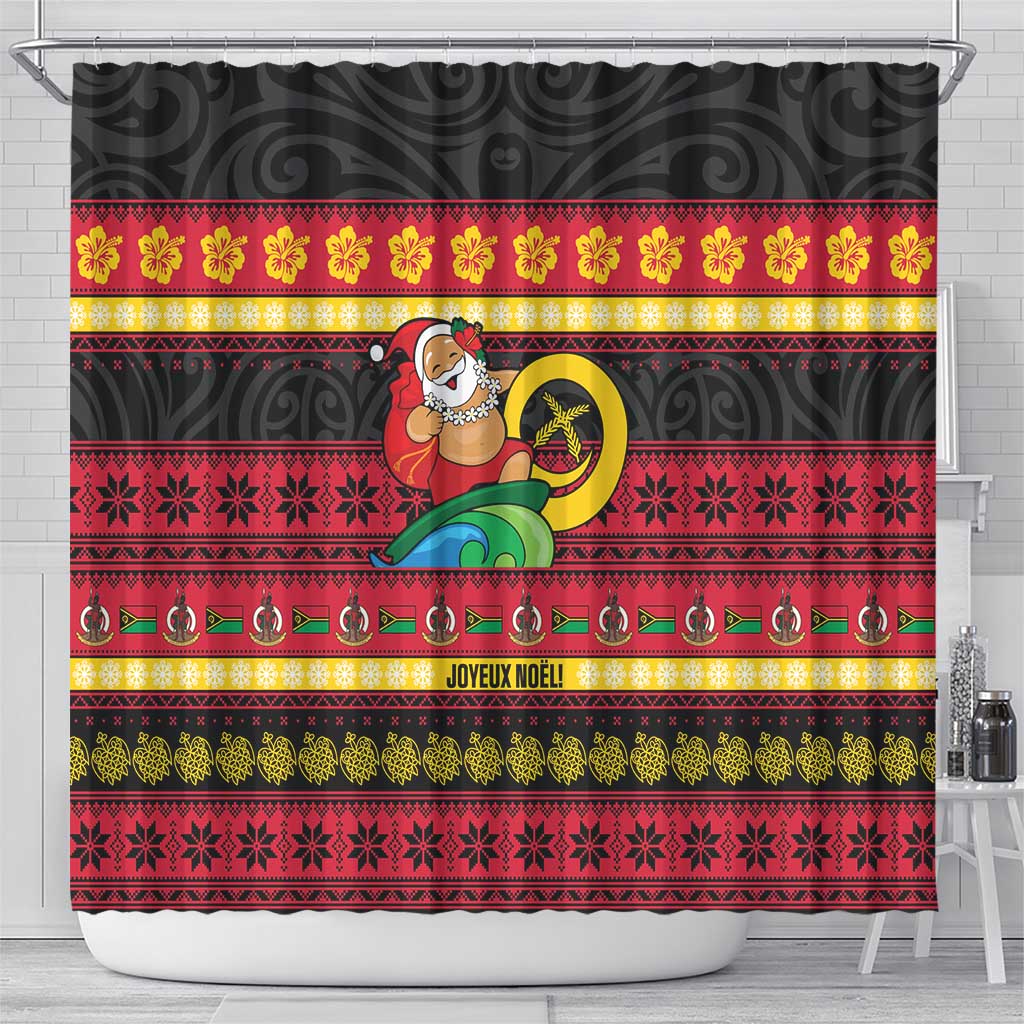 Vanuatu Christmas Shower Curtain Joyeux Noel Surfing Santa With Boar Tusk - Polynesian Pride