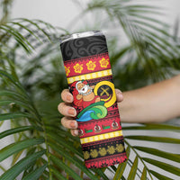 Vanuatu Christmas Skinny Tumbler Joyeux Noel Surfing Santa With Boar Tusk - Polynesian Pride