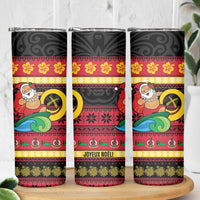Vanuatu Christmas Skinny Tumbler Joyeux Noel Surfing Santa With Boar Tusk - Polynesian Pride