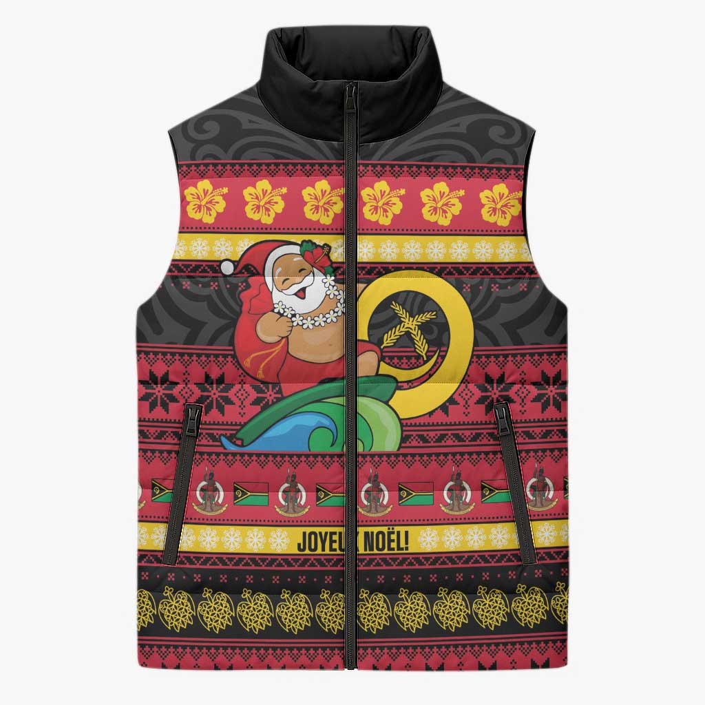 Vanuatu Christmas Sleeveless Puffer Jacket Joyeux Noel Surfing Santa With Boar Tusk LT14 Unisex Red - Polynesian Pride