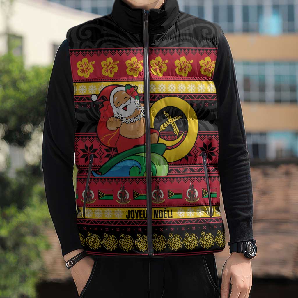 Vanuatu Christmas Sleeveless Puffer Jacket Joyeux Noel Surfing Santa With Boar Tusk LT14 - Polynesian Pride
