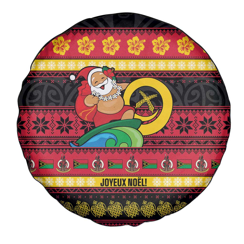 Vanuatu Christmas Spare Tire Cover Joyeux Noel Surfing Santa With Boar Tusk - Polynesian Pride