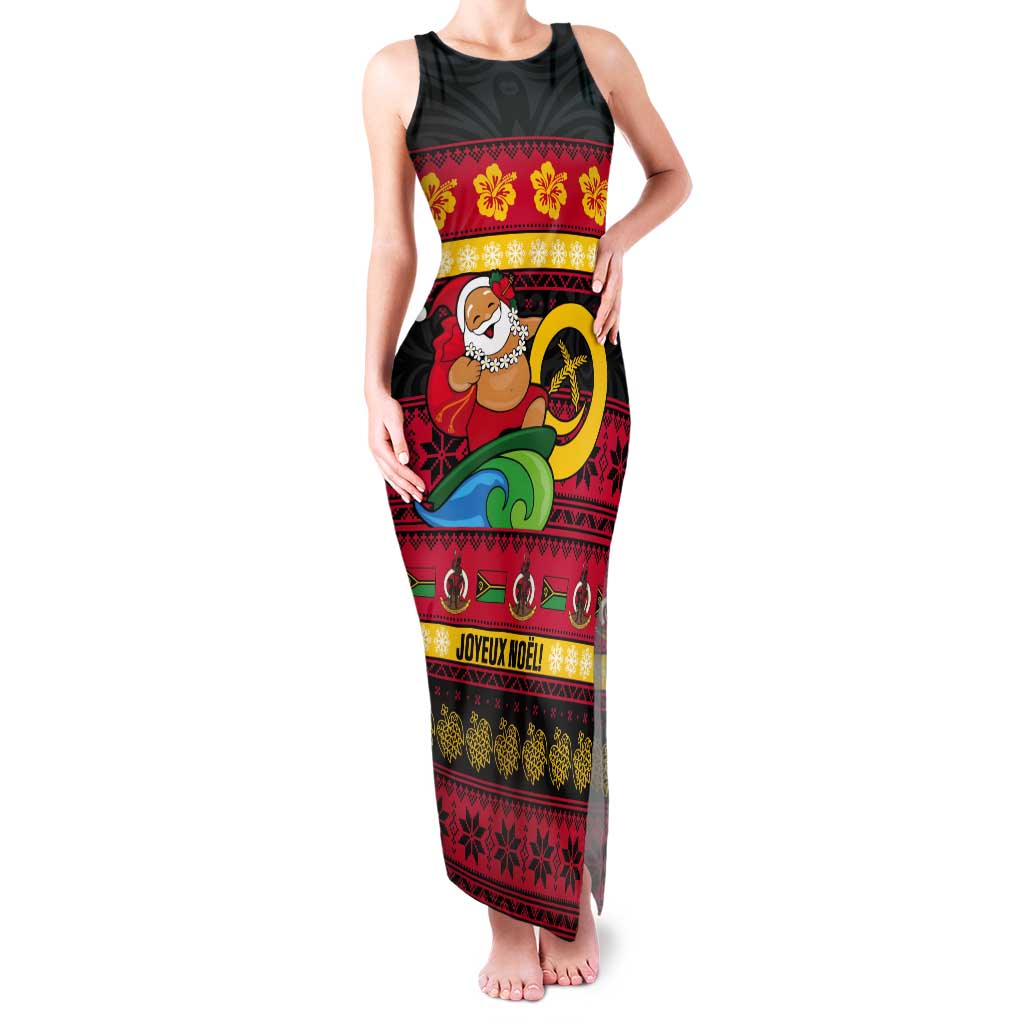 Vanuatu Christmas Tank Maxi Dress Joyeux Noel Surfing Santa With Boar Tusk - Polynesian Pride