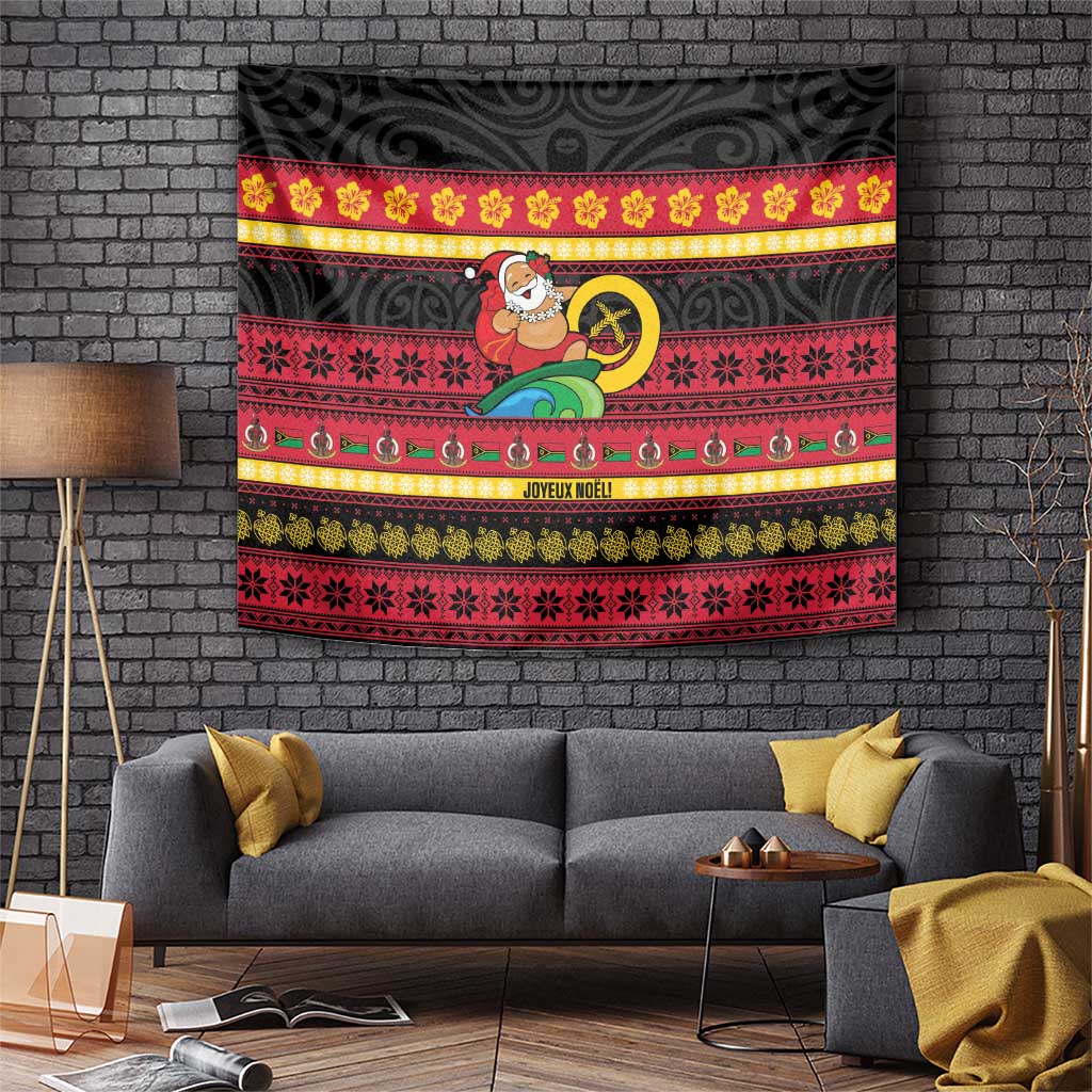 Vanuatu Christmas Tapestry Joyeux Noel Surfing Santa With Boar Tusk - Polynesian Pride