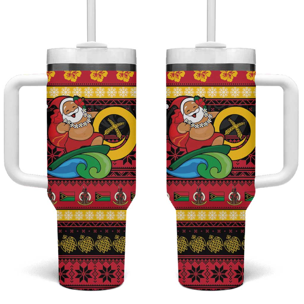 Vanuatu Christmas Tumbler With Handle Joyeux Noel Surfing Santa With Boar Tusk - Polynesian Pride