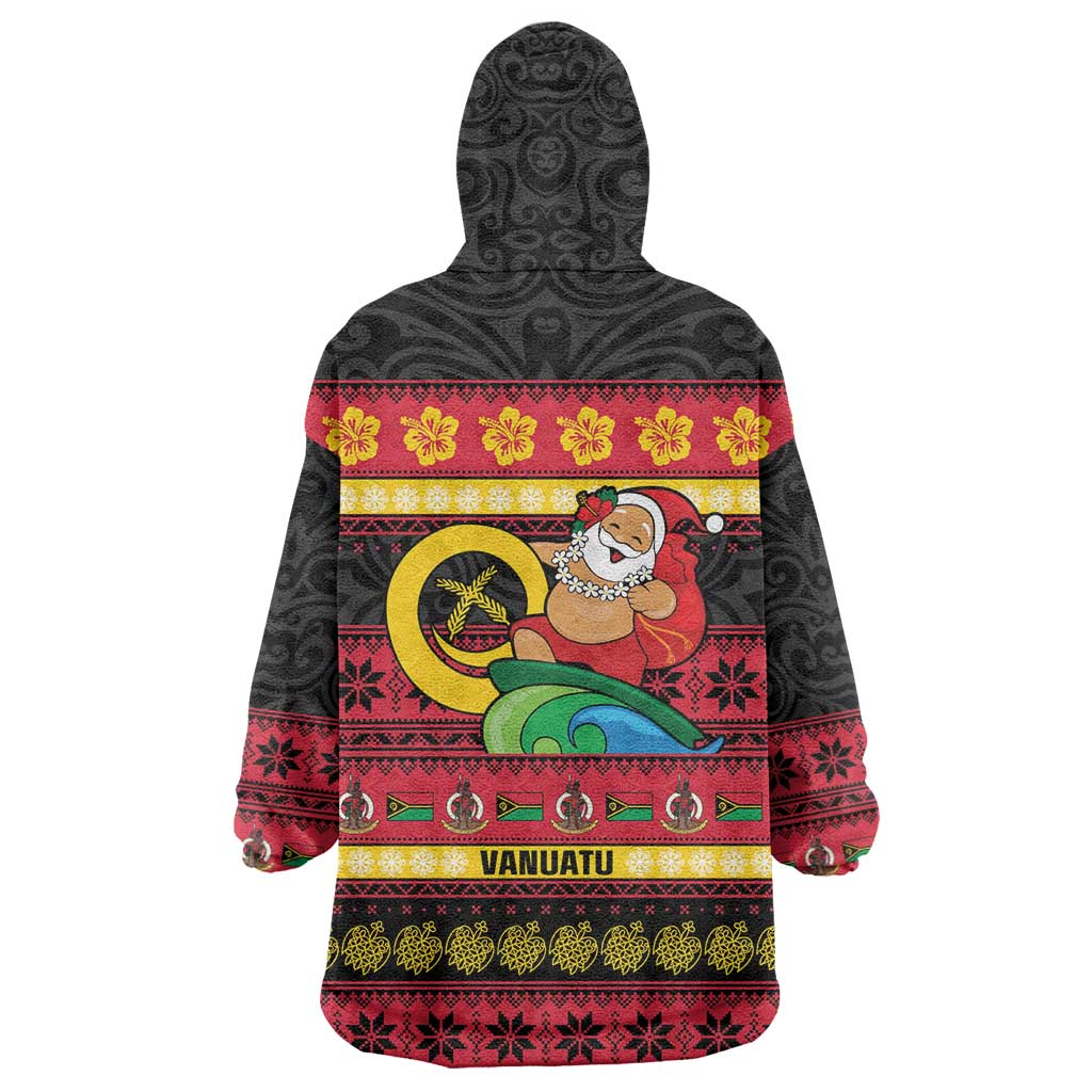 Vanuatu Christmas Wearable Blanket Hoodie Joyeux Noel Surfing Santa With Boar Tusk - Polynesian Pride