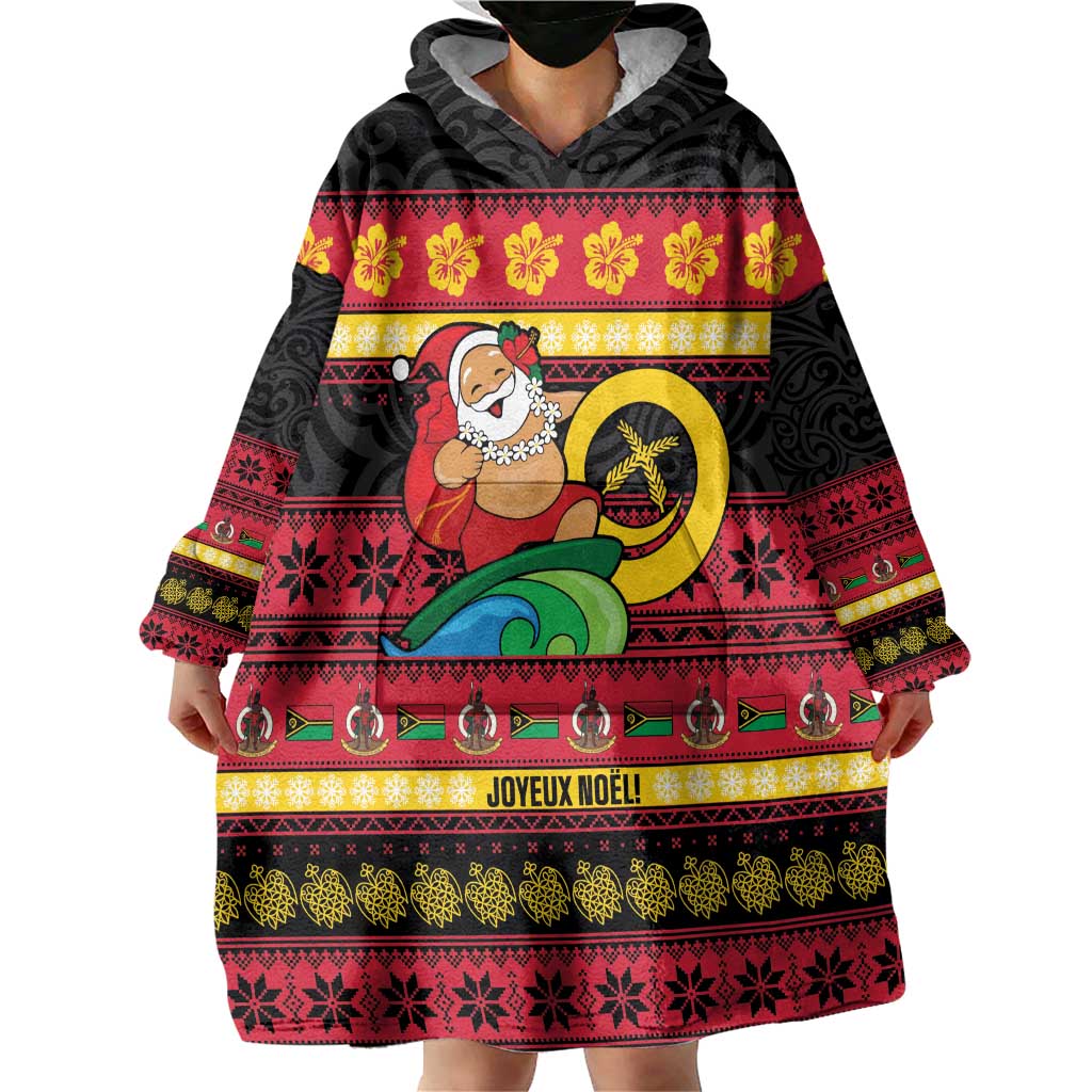 Vanuatu Christmas Wearable Blanket Hoodie Joyeux Noel Surfing Santa With Boar Tusk - Polynesian Pride
