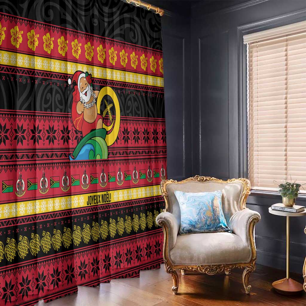 Vanuatu Christmas Window Curtain Joyeux Noel Surfing Santa With Boar Tusk - Polynesian Pride