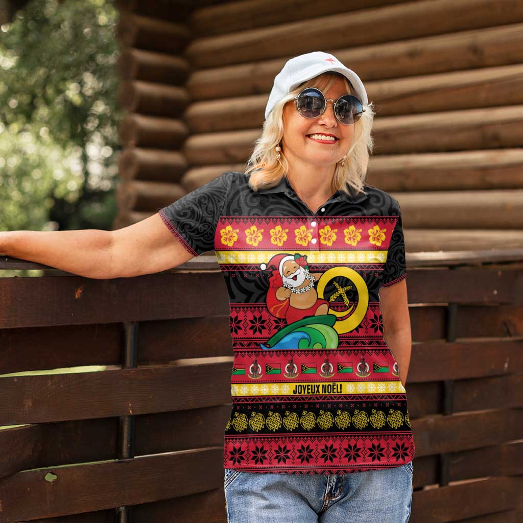 Vanuatu Christmas Women Polo Shirt Joyeux Noel Surfing Santa With Boar Tusk - Polynesian Pride