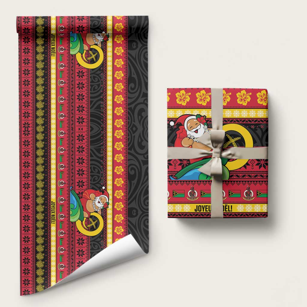 Vanuatu Christmas Wrapping Paper Joyeux Noel Surfing Santa With Boar Tusk - Polynesian Pride