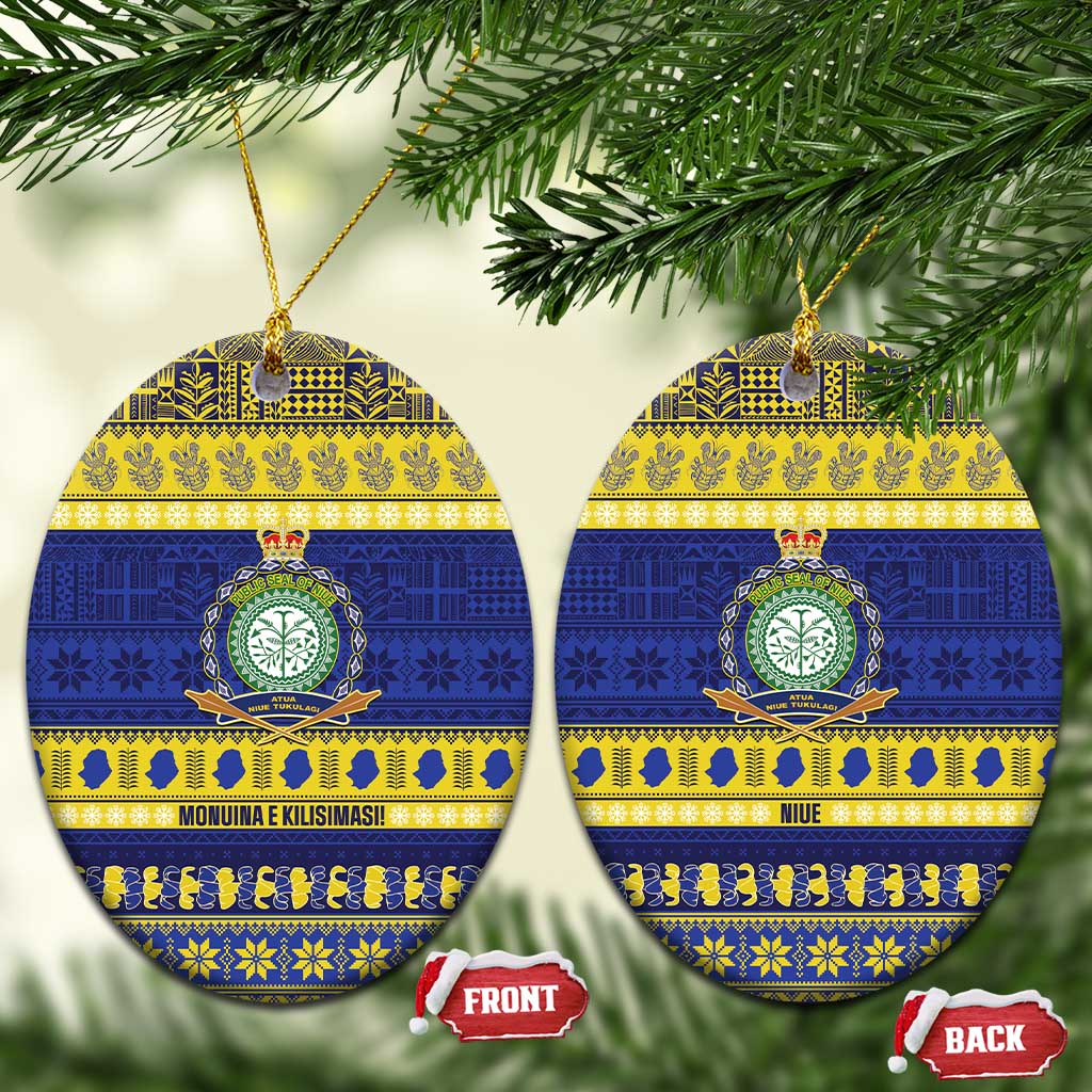 Niue Christmas Ceramic Ornament Monuina e Kilisimasi Hiapo Motifs LT14 Oval Blue - Polynesian Pride