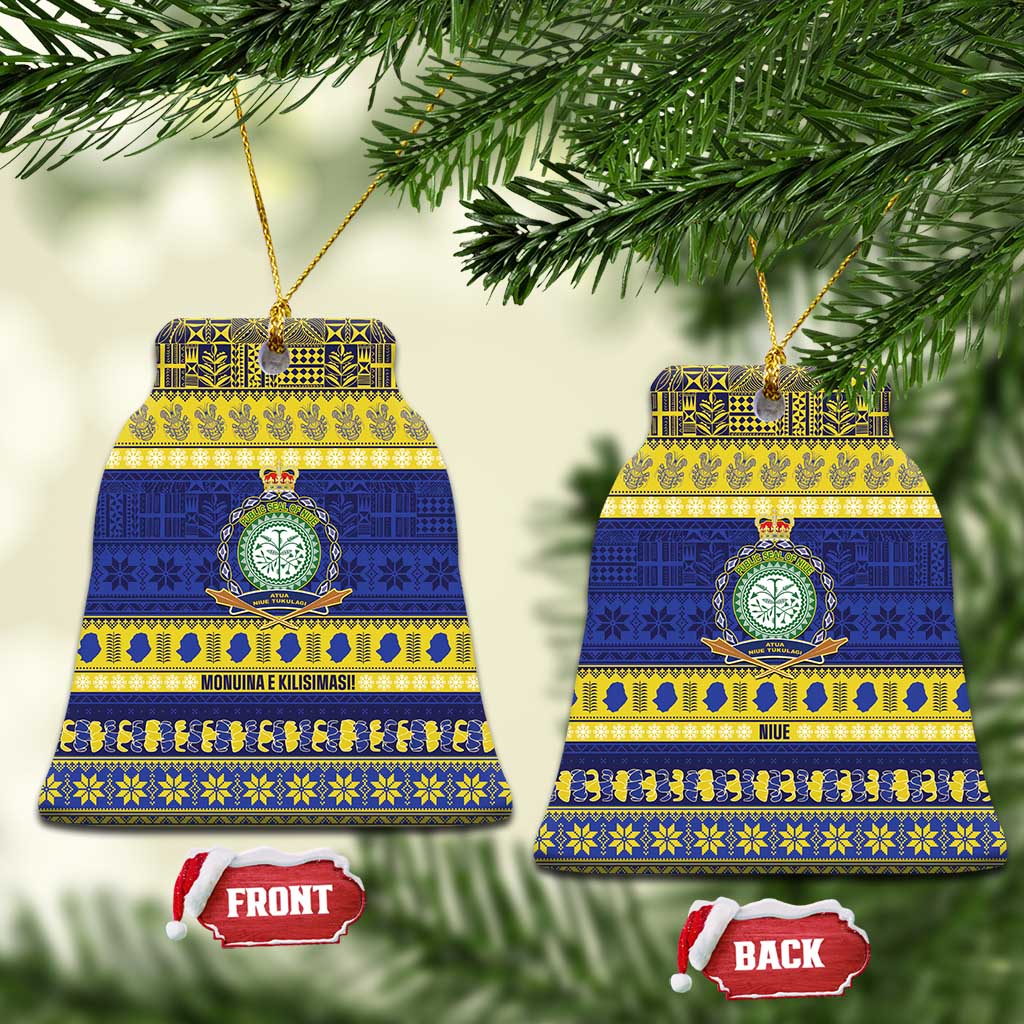 Niue Christmas Ceramic Ornament Monuina e Kilisimasi Hiapo Motifs LT14 Bell Flake Blue - Polynesian Pride