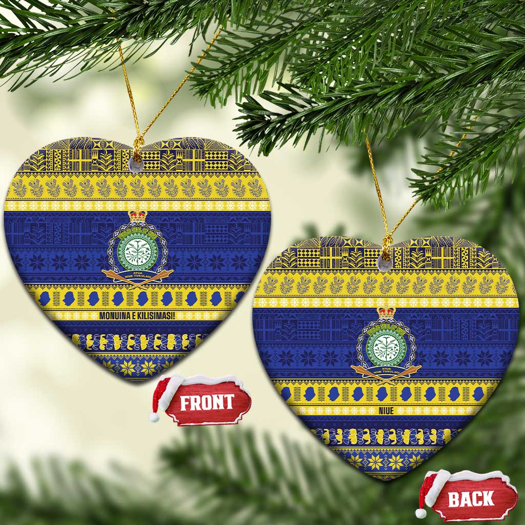 Niue Christmas Ceramic Ornament Monuina e Kilisimasi Hiapo Motifs LT14 Heart Blue - Polynesian Pride