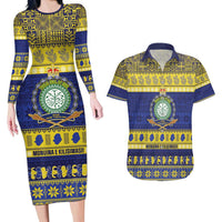 Niue Christmas Couples Matching Long Sleeve Bodycon Dress and Hawaiian Shirt Monuina e Kilisimasi Hiapo Motifs - Polynesian Pride