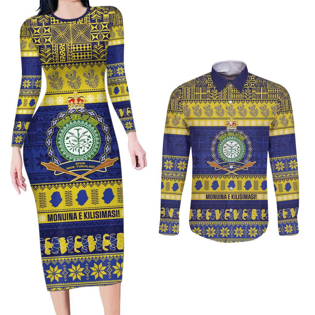 Niue Christmas Couples Matching Long Sleeve Bodycon Dress and Long Sleeve Button Shirt Monuina e Kilisimasi Hiapo Motifs - Polynesian Pride