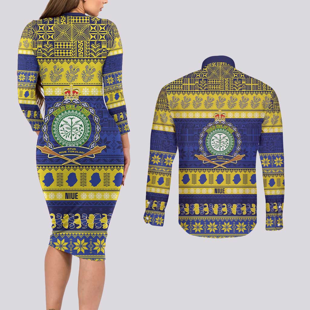 Niue Christmas Couples Matching Long Sleeve Bodycon Dress and Long Sleeve Button Shirt Monuina e Kilisimasi Hiapo Motifs - Polynesian Pride