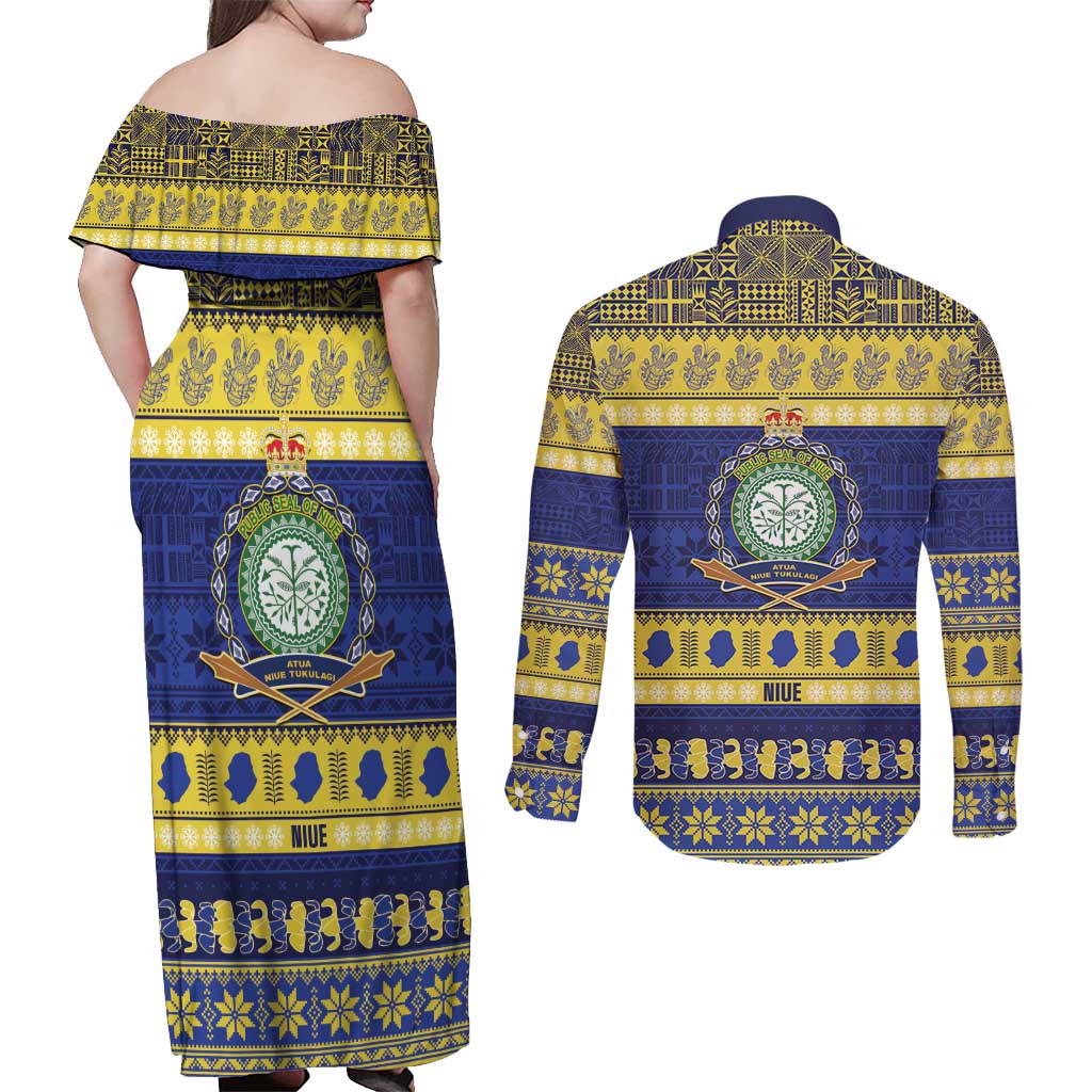 Niue Christmas Couples Matching Off Shoulder Maxi Dress and Long Sleeve Button Shirt Monuina e Kilisimasi Hiapo Motifs - Polynesian Pride