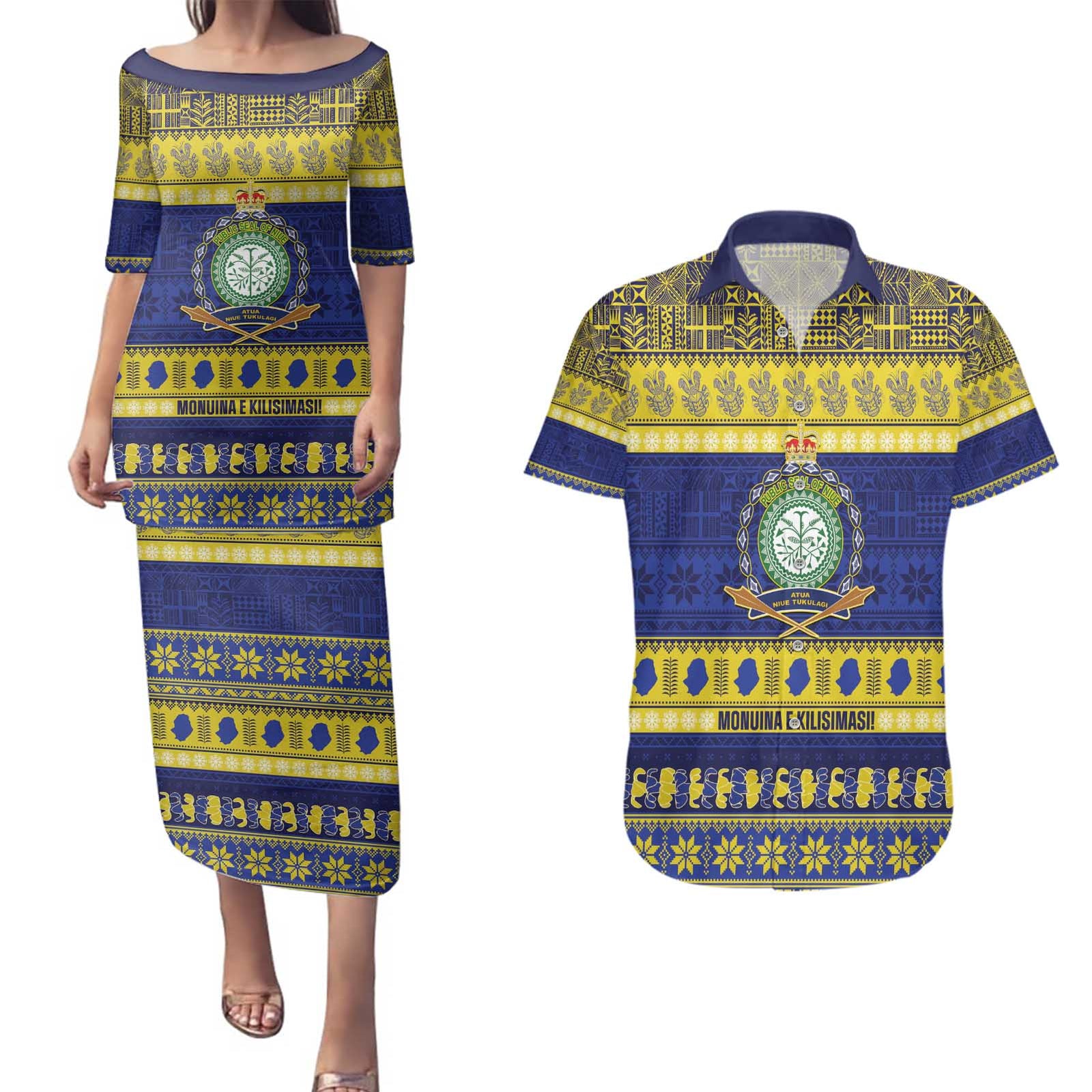 Niue Christmas Couples Matching Puletasi and Hawaiian Shirt Monuina e Kilisimasi Hiapo Motifs LT14 Blue - Polynesian Pride