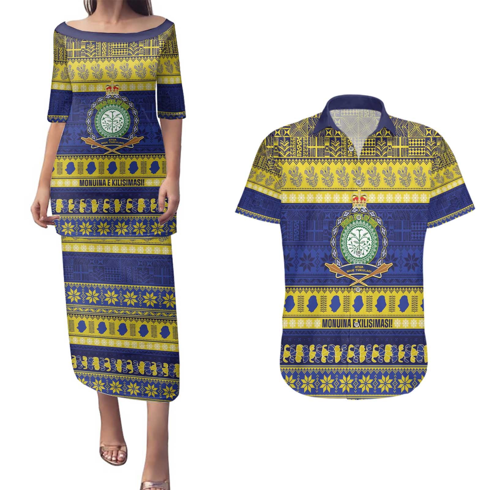 Niue Christmas Couples Matching Puletasi and Hawaiian Shirt Monuina e Kilisimasi Hiapo Motifs - Polynesian Pride