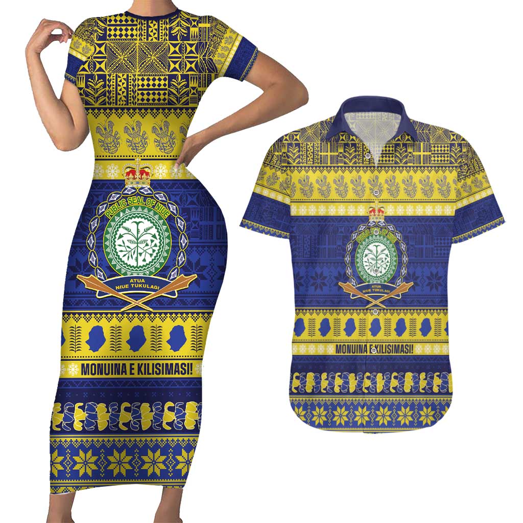 Niue Christmas Couples Matching Short Sleeve Bodycon Dress and Hawaiian Shirt Monuina e Kilisimasi Hiapo Motifs - Polynesian Pride