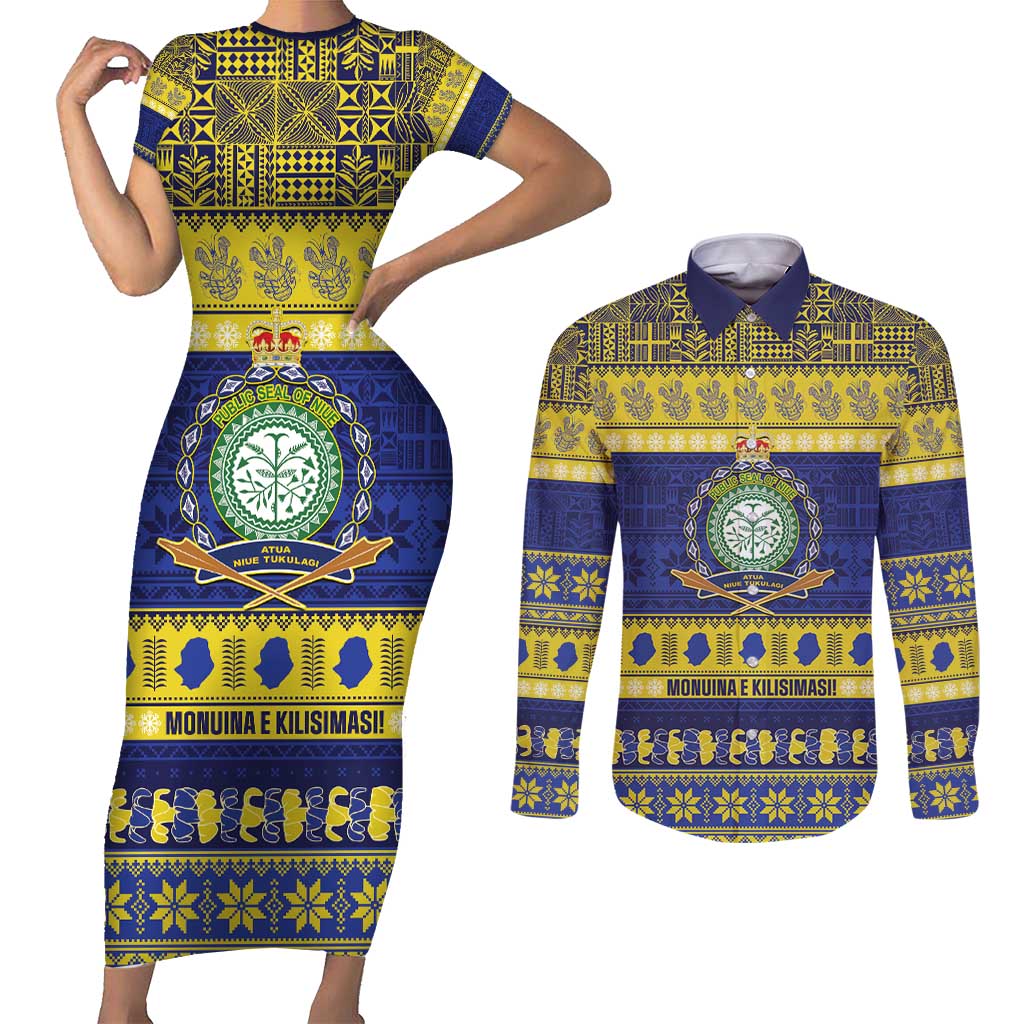 Niue Christmas Couples Matching Short Sleeve Bodycon Dress and Long Sleeve Button Shirt Monuina e Kilisimasi Hiapo Motifs - Polynesian Pride