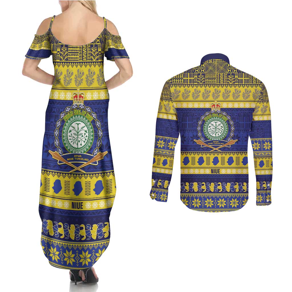 Niue Christmas Couples Matching Summer Maxi Dress and Long Sleeve Button Shirt Monuina e Kilisimasi Hiapo Motifs - Polynesian Pride