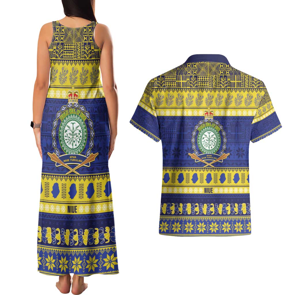 Niue Christmas Couples Matching Tank Maxi Dress and Hawaiian Shirt Monuina e Kilisimasi Hiapo Motifs - Polynesian Pride