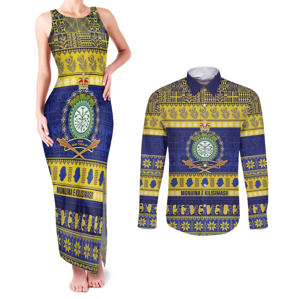 Niue Christmas Couples Matching Tank Maxi Dress and Long Sleeve Button Shirt Monuina e Kilisimasi Hiapo Motifs - Polynesian Pride