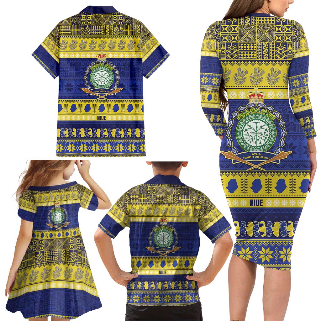 Niue Christmas Family Matching Long Sleeve Bodycon Dress and Hawaiian Shirt Monuina e Kilisimasi Hiapo Motifs - Polynesian Pride