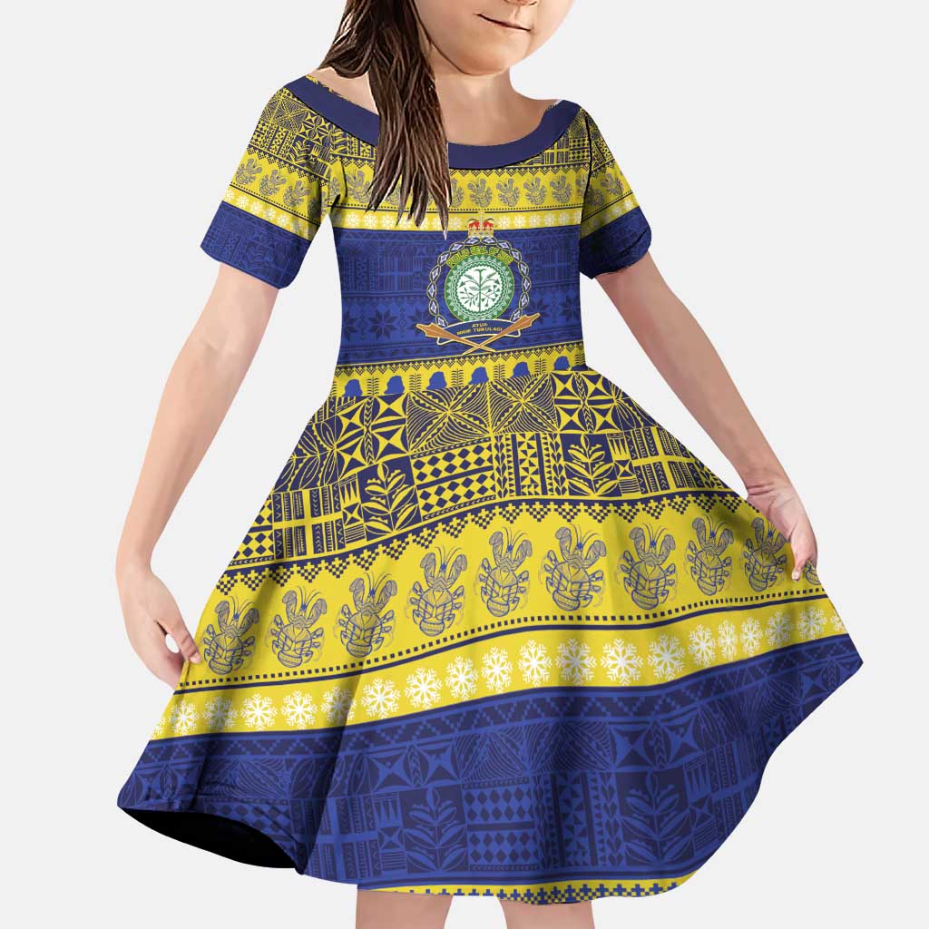 Niue Christmas Family Matching Puletasi and Hawaiian Shirt Monuina e Kilisimasi Hiapo Motifs LT14 Daughter's Dress Blue - Polynesian Pride