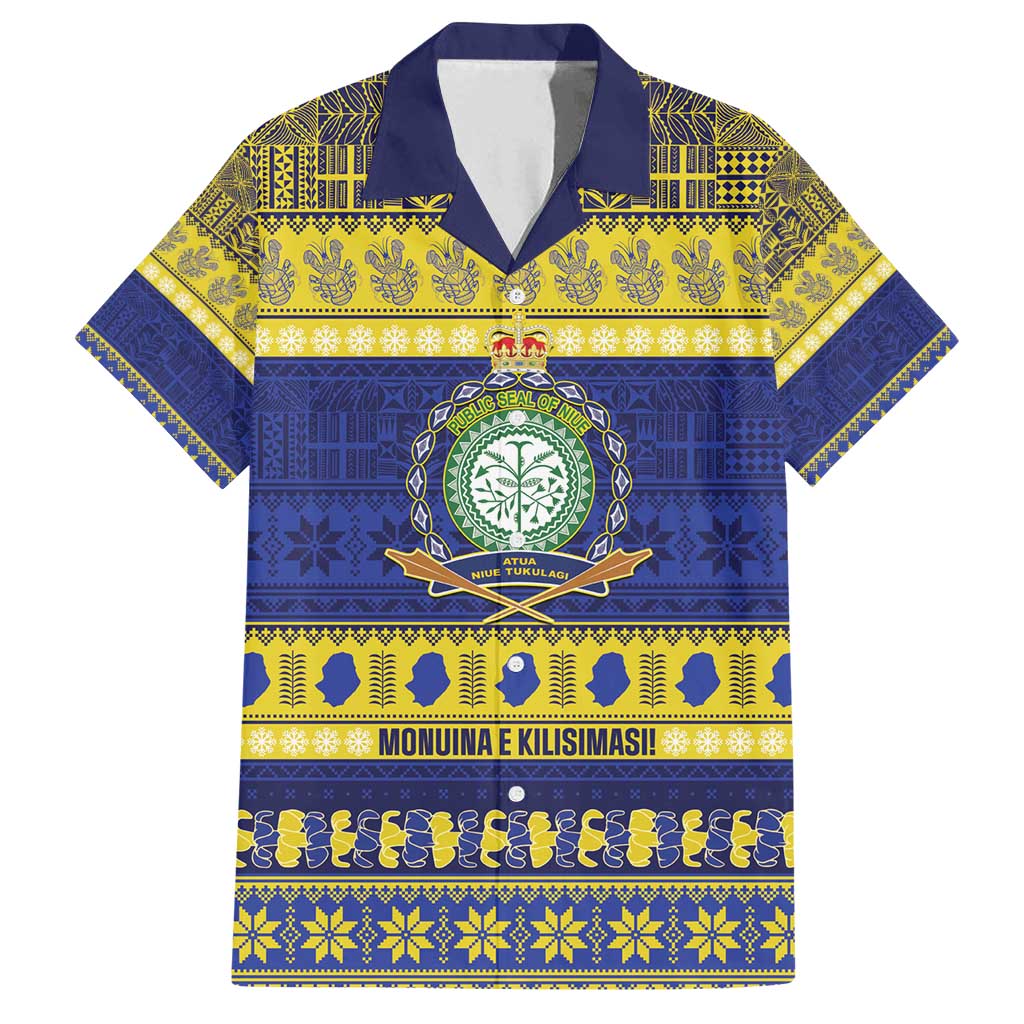 Niue Christmas Family Matching Puletasi and Hawaiian Shirt Monuina e Kilisimasi Hiapo Motifs LT14 Dad's Shirt - Short Sleeve Blue - Polynesian Pride