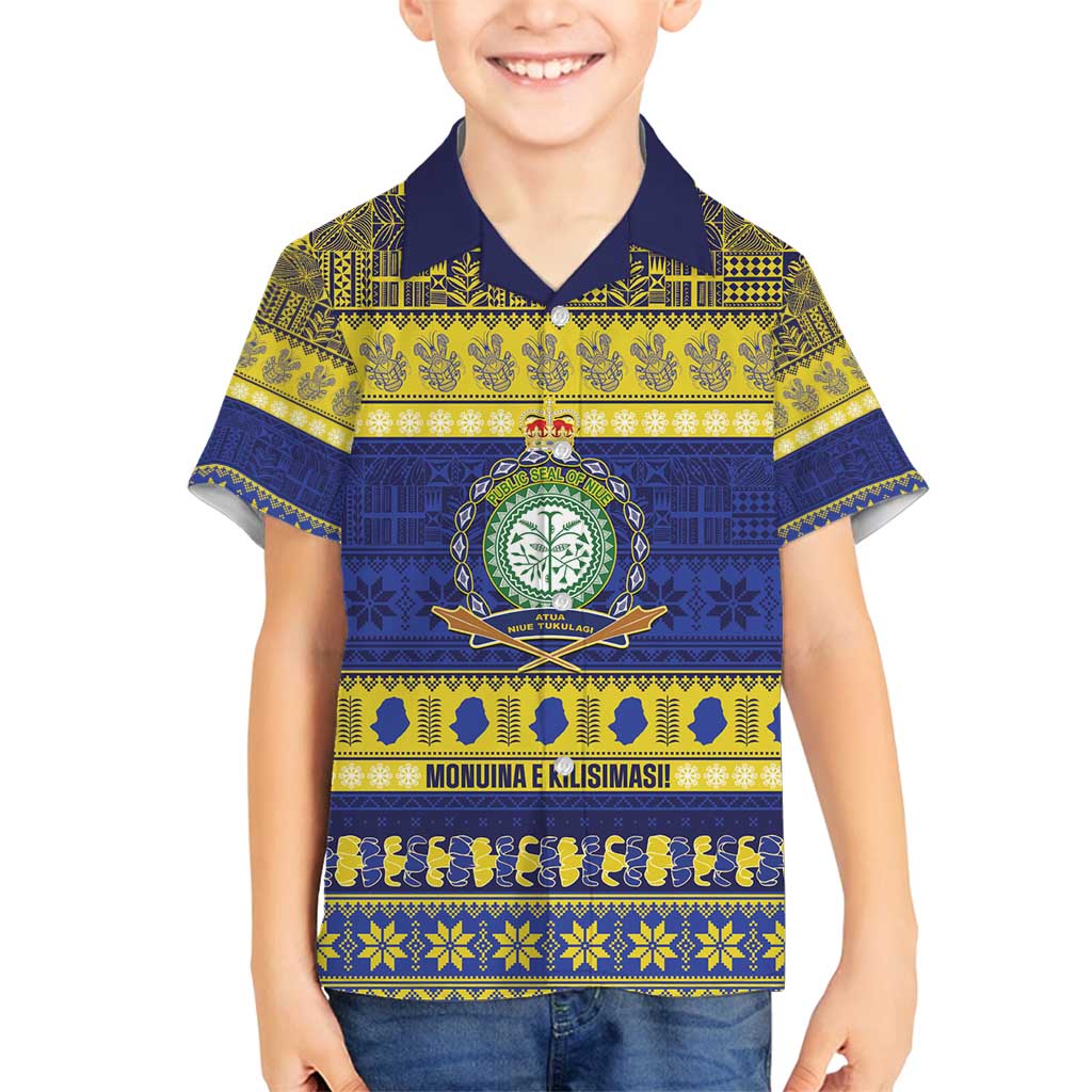 Niue Christmas Family Matching Puletasi and Hawaiian Shirt Monuina e Kilisimasi Hiapo Motifs LT14 Son's Shirt Blue - Polynesian Pride
