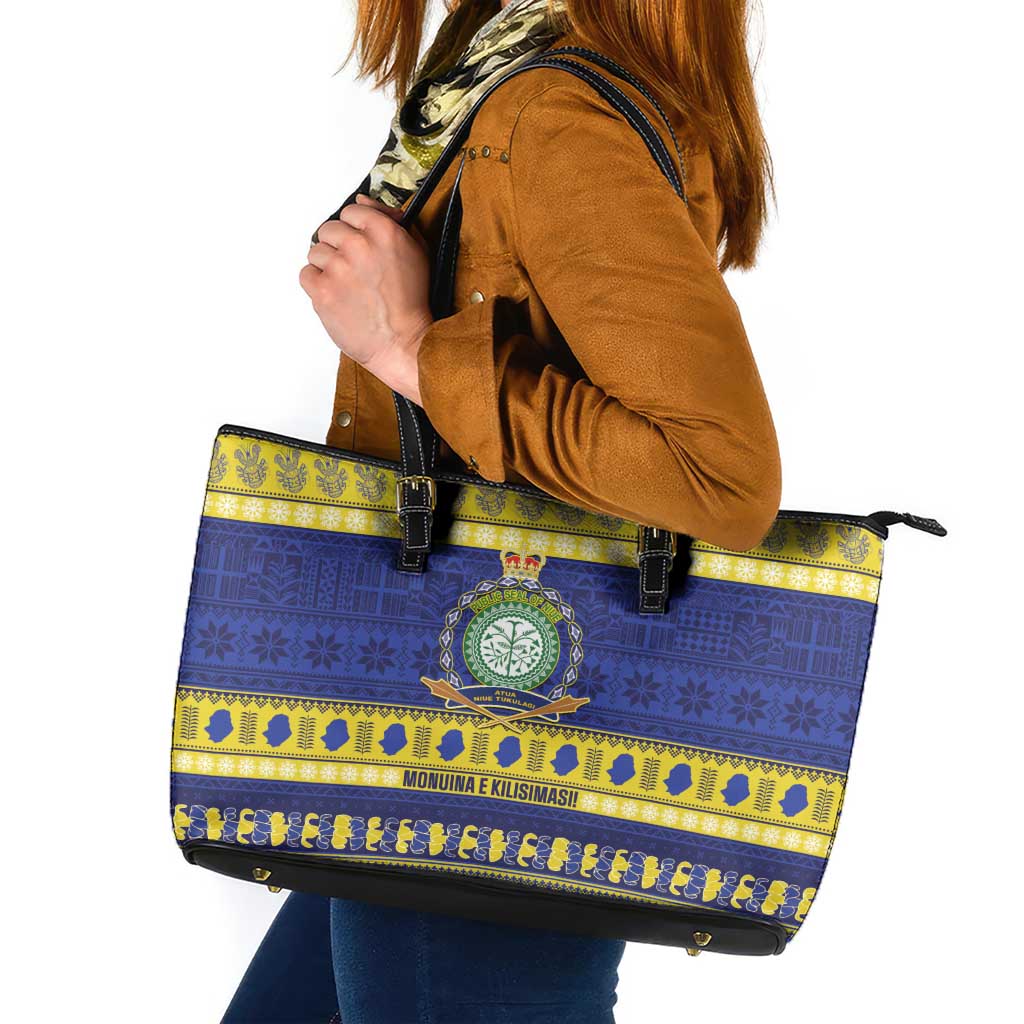Niue Christmas Leather Tote Bag Monuina e Kilisimasi Hiapo Motifs - Polynesian Pride