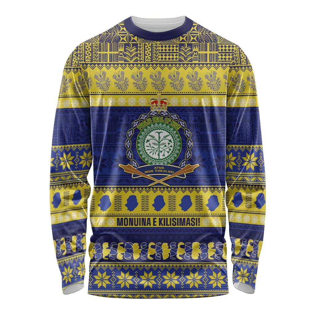 Niue Christmas Long Sleeve Shirt Monuina e Kilisimasi Hiapo Motifs LT14 Unisex Blue - Polynesian Pride