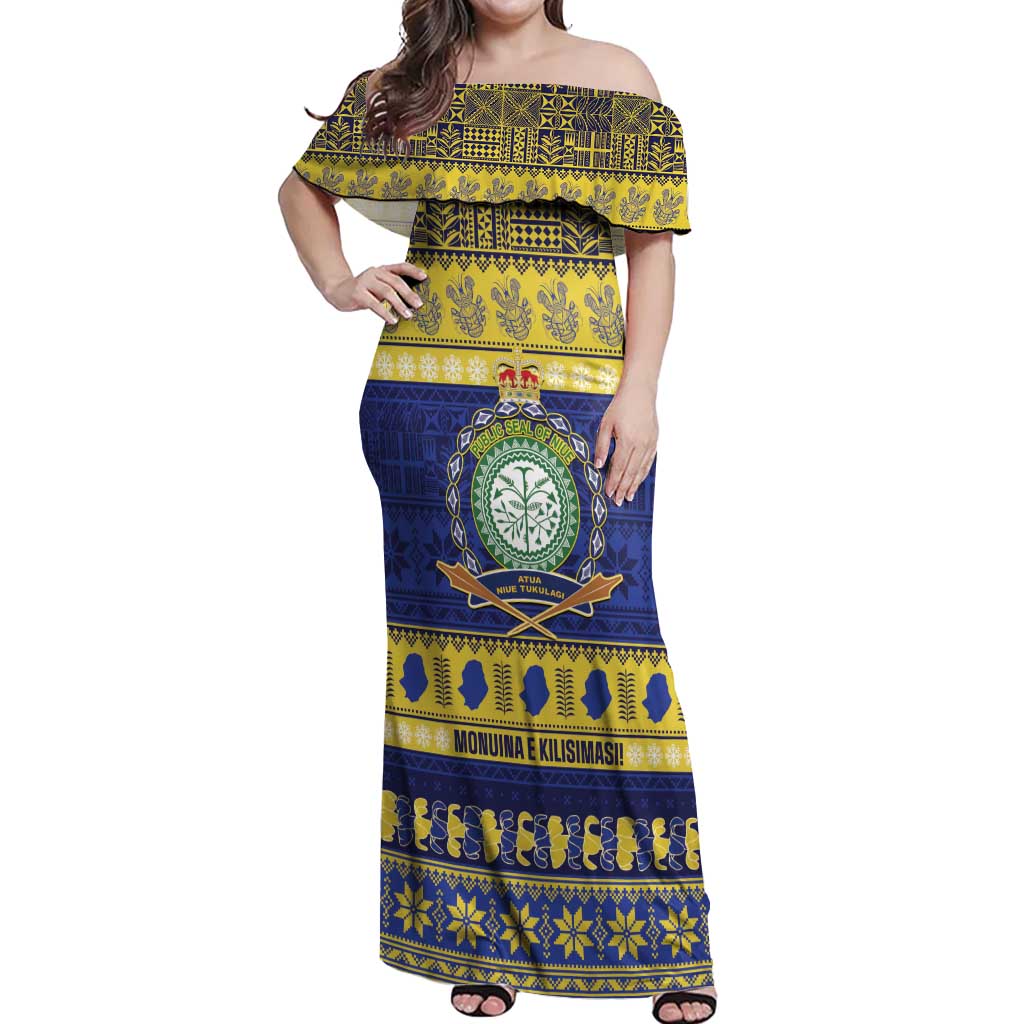 Niue Christmas Off Shoulder Maxi Dress Monuina e Kilisimasi Hiapo Motifs - Polynesian Pride