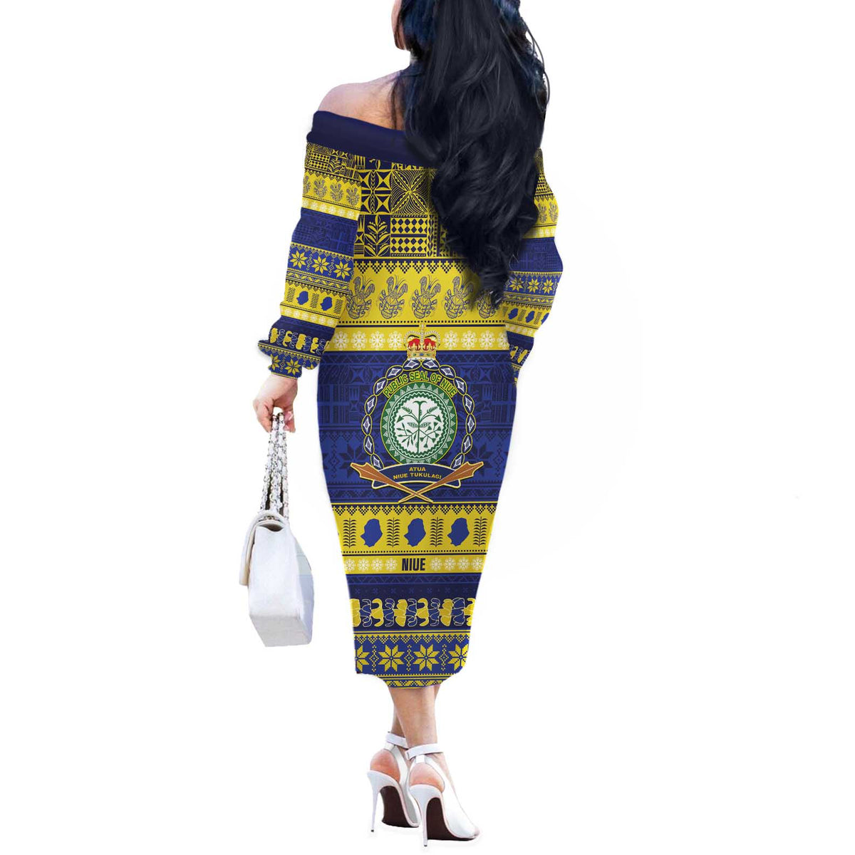 Niue Christmas Off The Shoulder Long Sleeve Dress Monuina e Kilisimasi Hiapo Motifs - Polynesian Pride