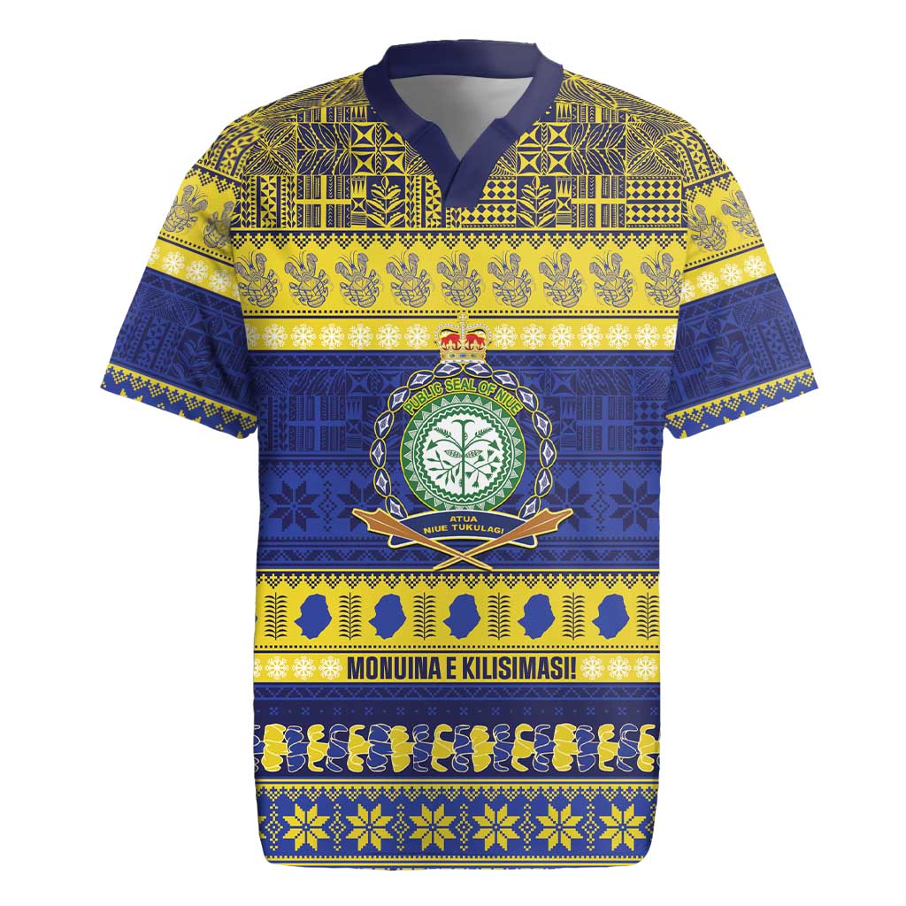 Niue Christmas Rugby Jersey Monuina e Kilisimasi Hiapo Motifs LT14 Blue - Polynesian Pride