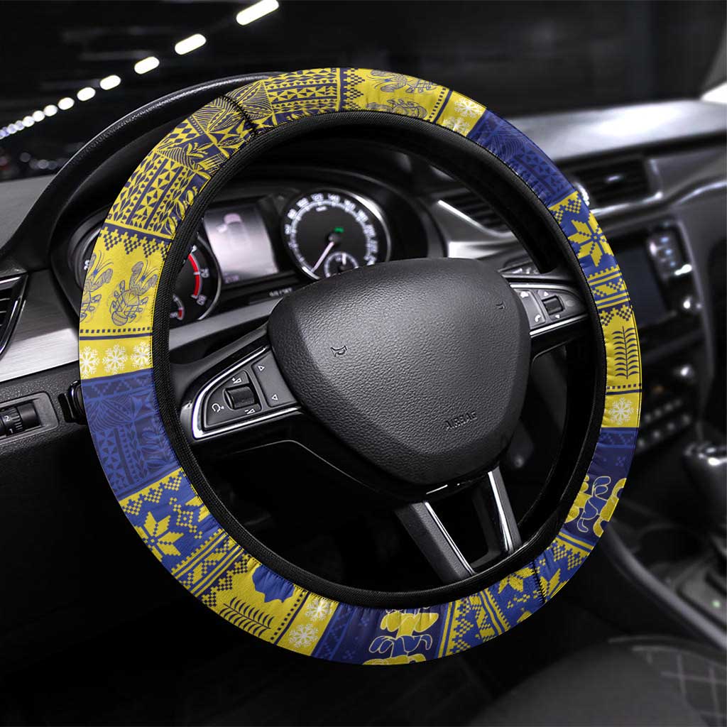 Niue Christmas Steering Wheel Cover Monuina e Kilisimasi Hiapo Motifs LT14 Universal Fit Blue - Polynesian Pride