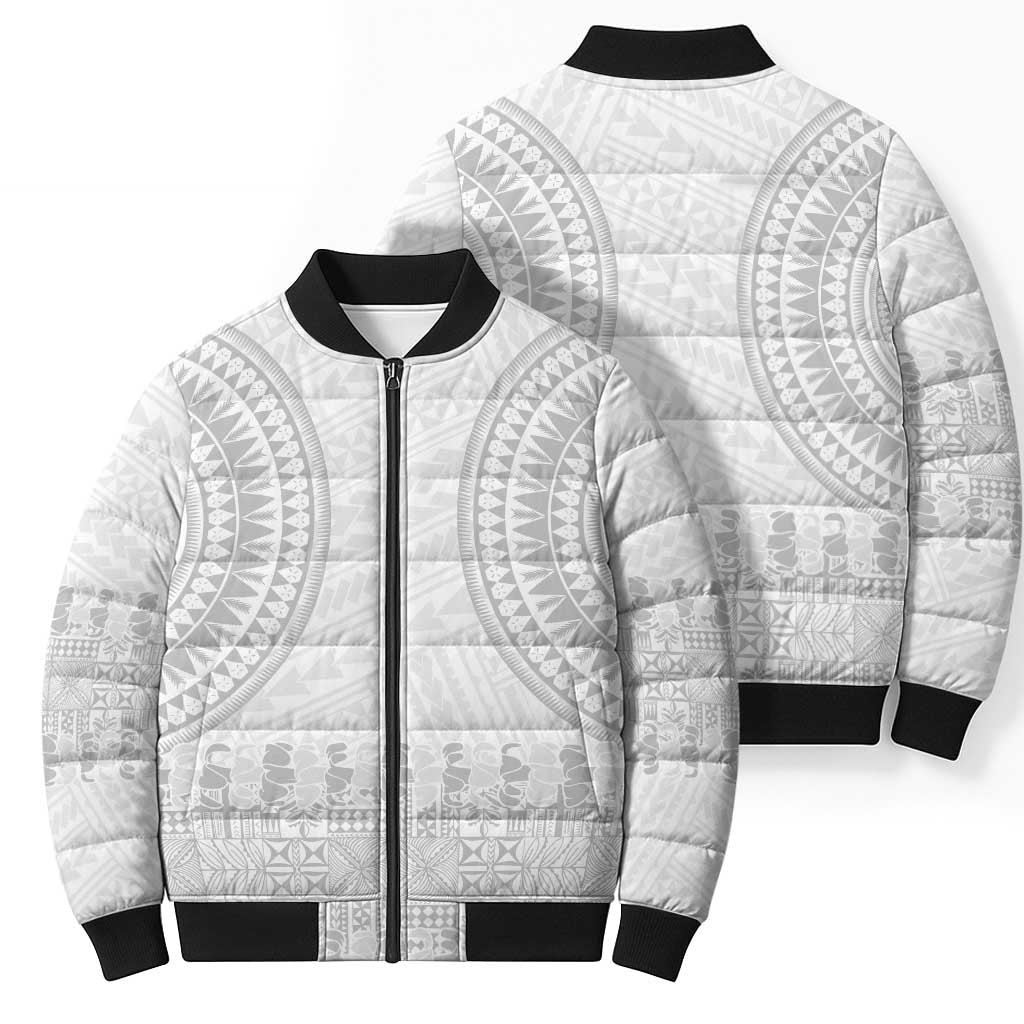 Niue White Sunday Bomber Puffer Jacket Tapu Fanau Ia Puakenikeni Hiapo Pattern - Polynesian Pride