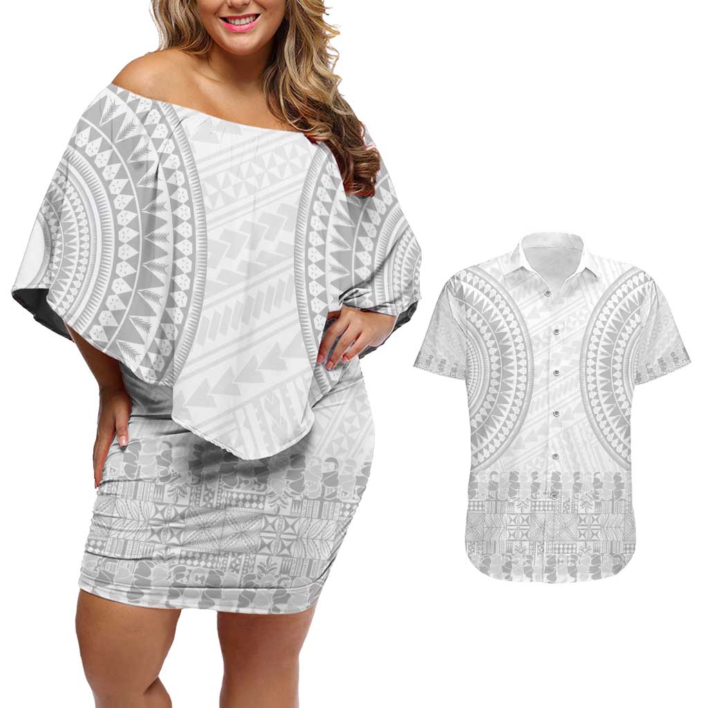 Niue White Sunday Couples Matching Off Shoulder Short Dress and Hawaiian Shirt Tapu Fanau Ia Puakenikeni Hiapo Pattern - Polynesian Pride