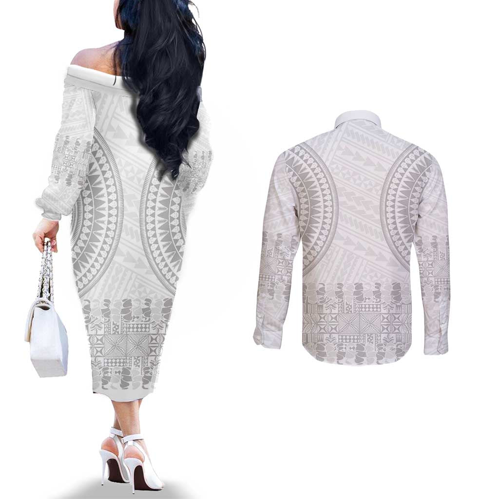 Niue White Sunday Couples Matching Off The Shoulder Long Sleeve Dress and Long Sleeve Button Shirt Tapu Fanau Ia Puakenikeni Hiapo Pattern - Polynesian Pride