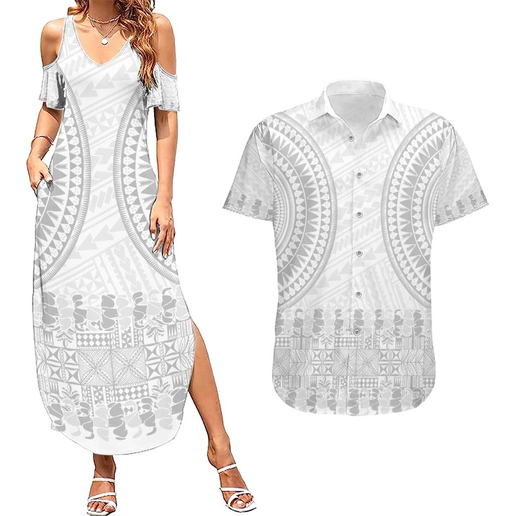 Niue White Sunday Couples Matching Summer Maxi Dress and Hawaiian Shirt Tapu Fanau Ia Puakenikeni Hiapo Pattern - Polynesian Pride