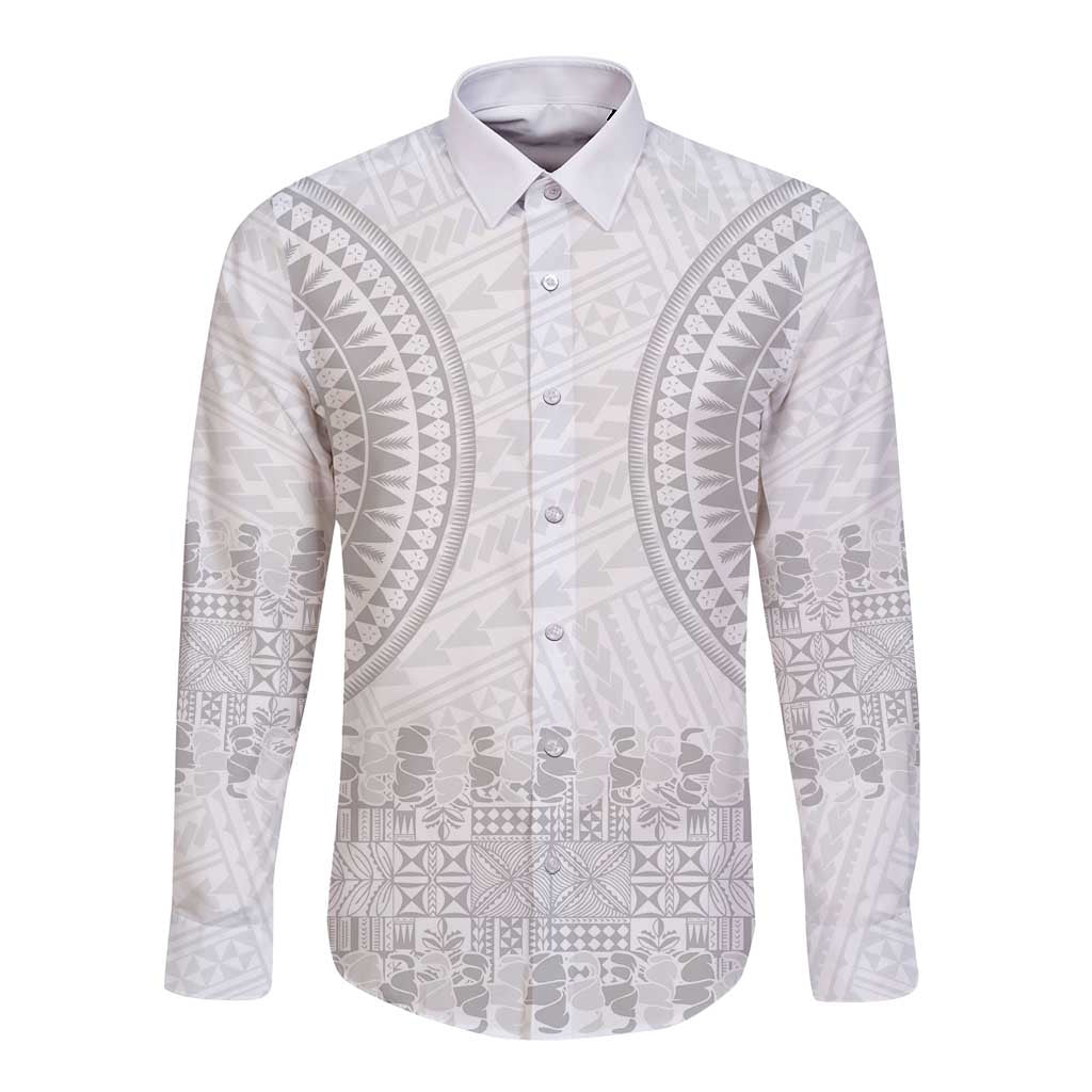 Niue White Sunday Long Sleeve Button Shirt Tapu Fanau Ia Puakenikeni Hiapo Pattern - Polynesian Pride