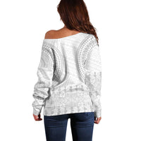 Niue White Sunday Off Shoulder Sweater Tapu Fanau Ia Puakenikeni Hiapo Pattern - Polynesian Pride