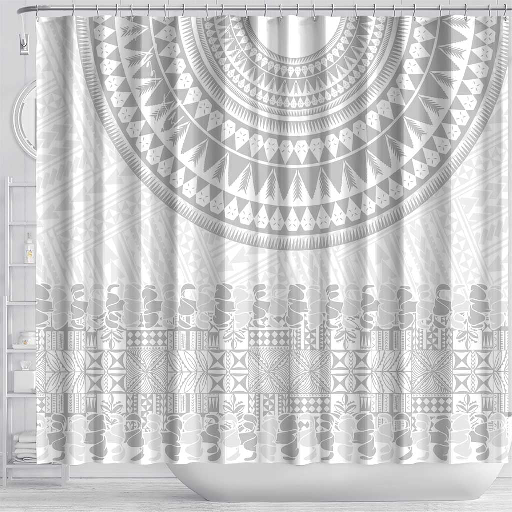 Niue White Sunday Shower Curtain Tapu Fanau Ia Puakenikeni Hiapo Pattern - Polynesian Pride