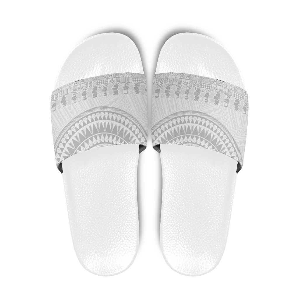 Niue White Sunday Slide Sandals Tapu Fanau Ia Puakenikeni Hiapo Pattern - Polynesian Pride