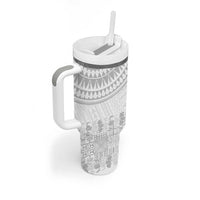 Niue White Sunday Tumbler With Handle Tapu Fanau Ia Puakenikeni Hiapo Pattern - Polynesian Pride