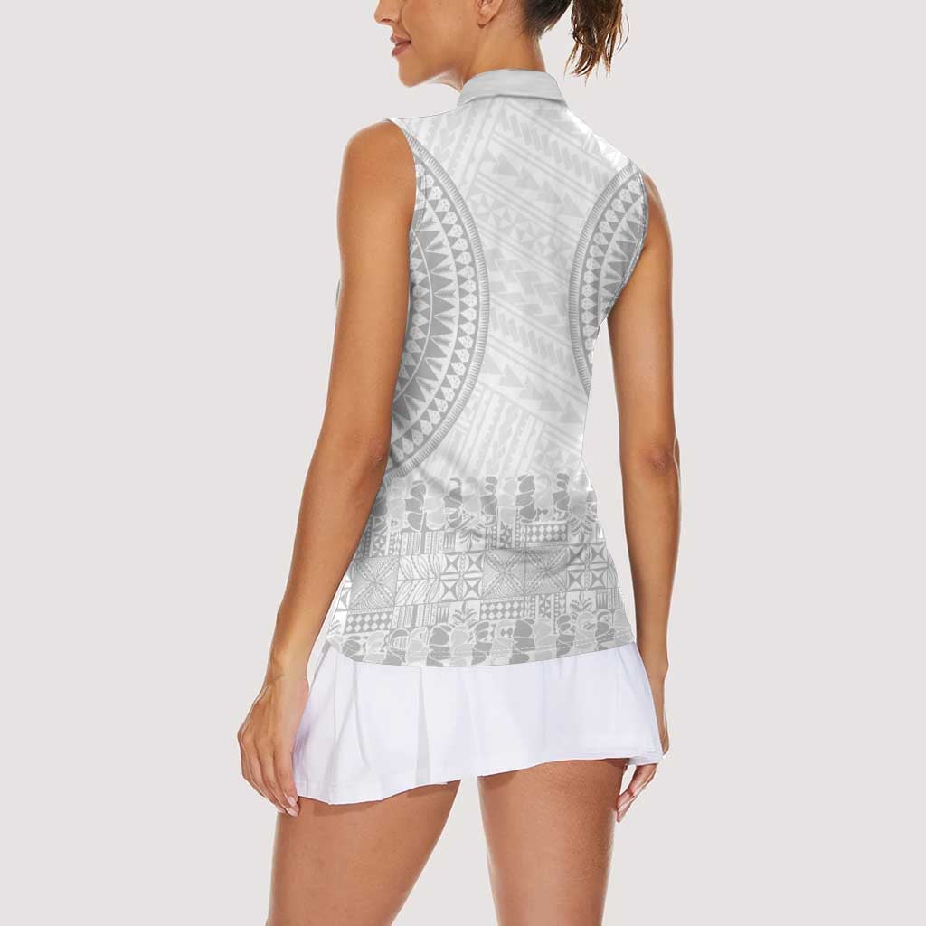 Niue White Sunday Women Sleeveless Polo Shirt Tapu Fanau Ia Puakenikeni Hiapo Pattern - Polynesian Pride